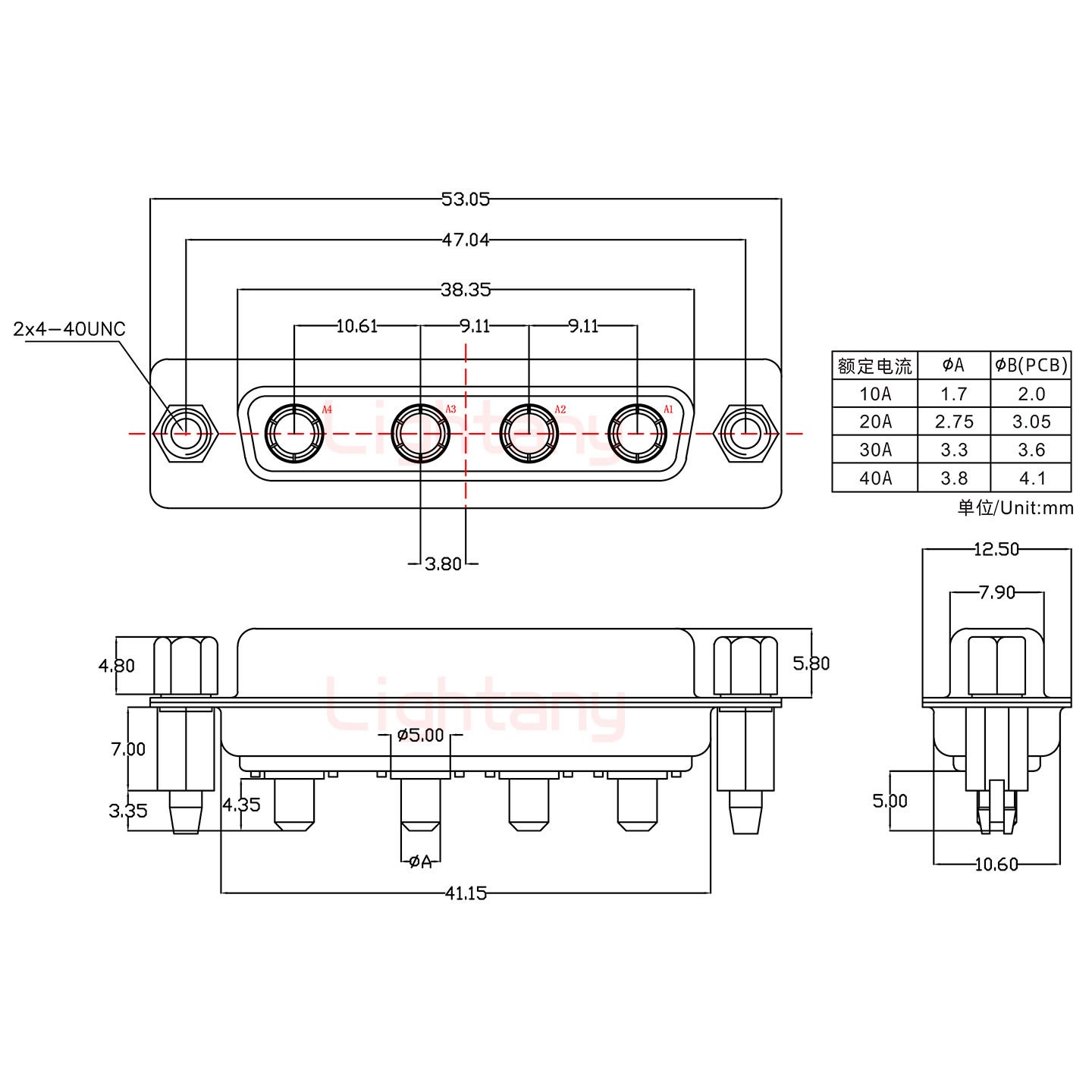 4W4母PCB直插板/鉚魚(yú)叉7.0/大電流10A