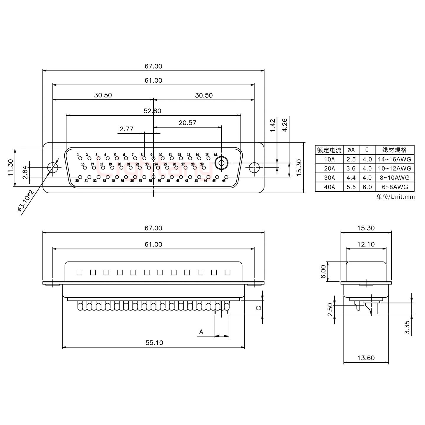 47W1公短體焊線40A+50P金屬外殼2252三個出線孔12mm