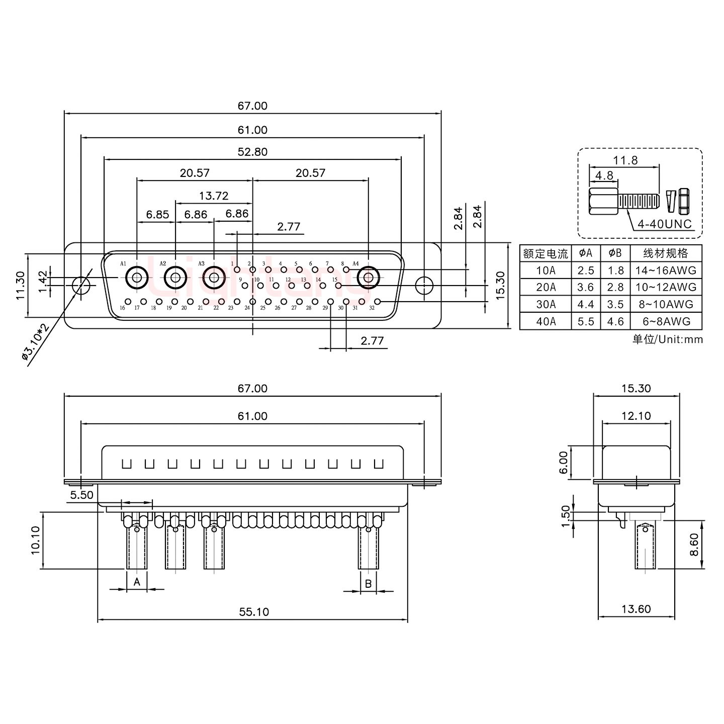 36W4公壓線式/配螺絲螺母/大電流10A
