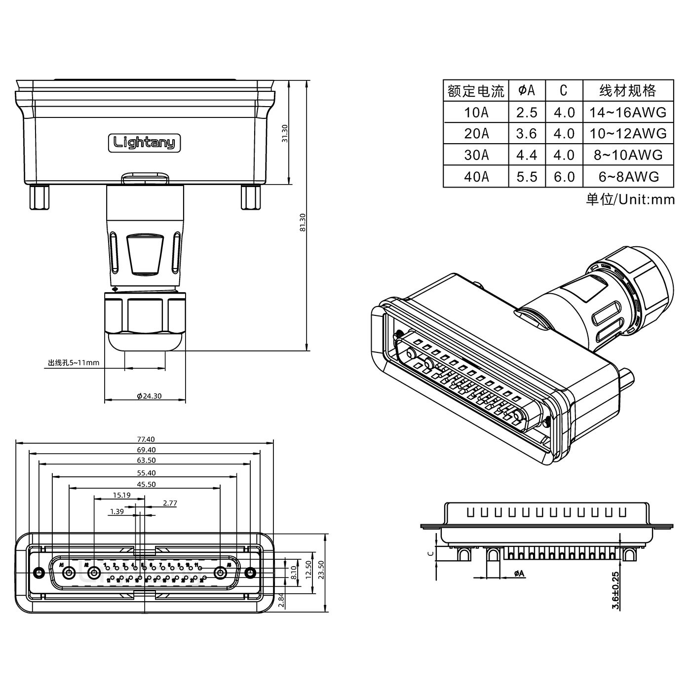 25W3公頭焊線(xiàn)+防水接頭/線(xiàn)徑5~11mm/大電流40A