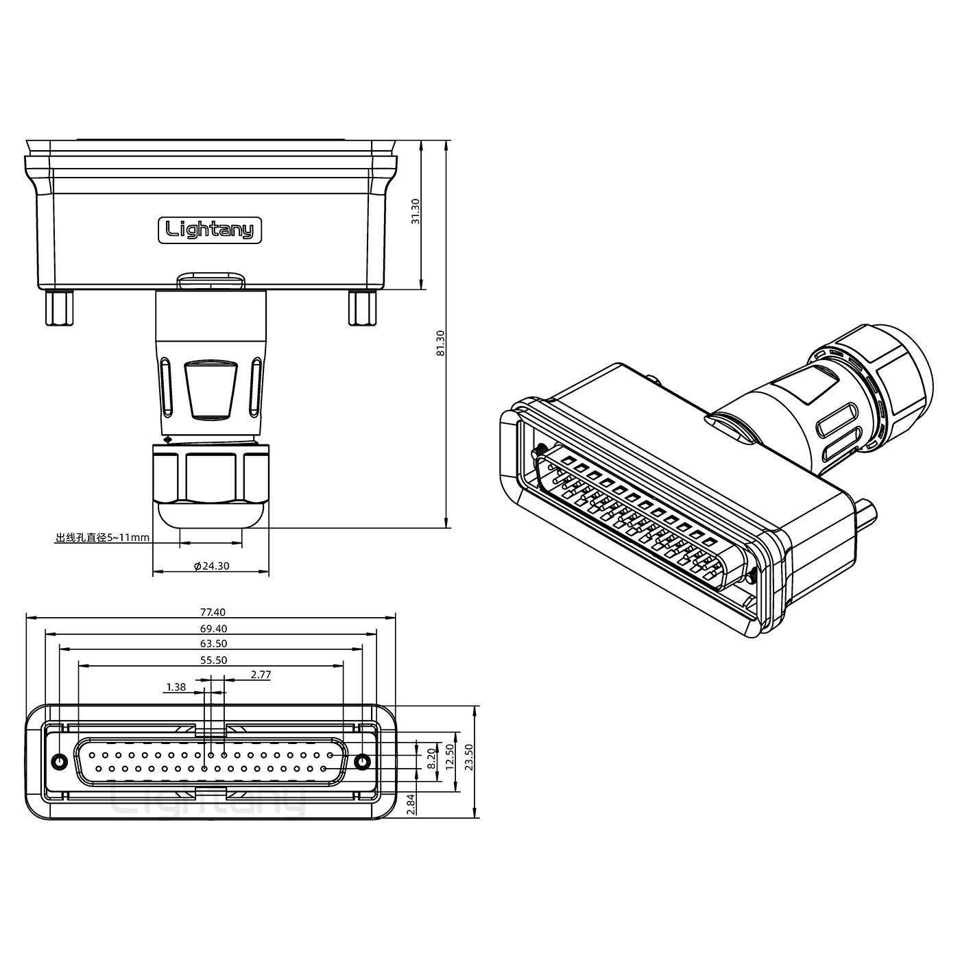 DB37公頭焊線(xiàn)+防水直式接頭 線(xiàn)徑5~11mm